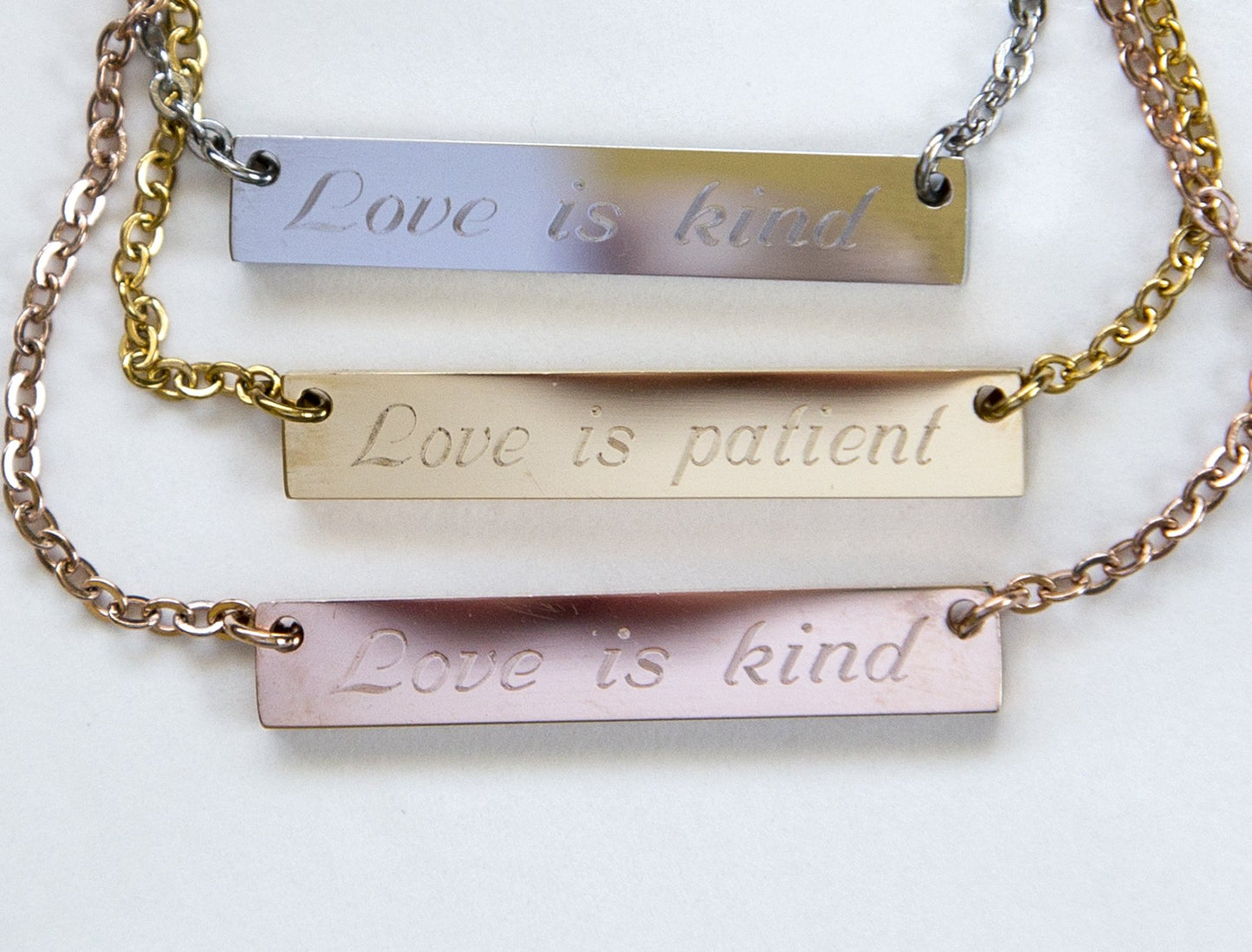 Love is Patient Love is Kind Necklace 1 Corinthians 13 Verse Bar