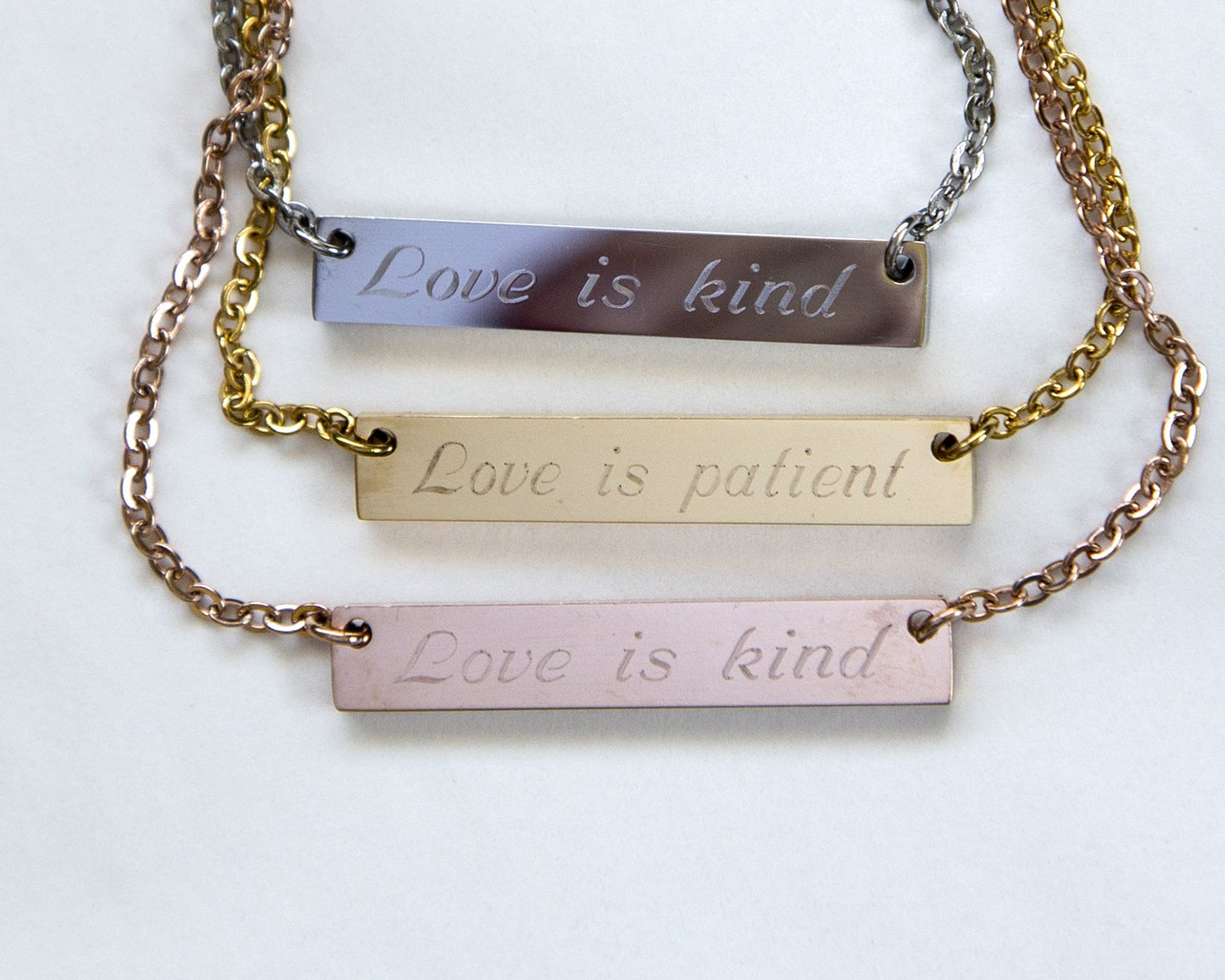 Love is Patient Love is Kind Necklace 1 Corinthians 13 Verse Bar