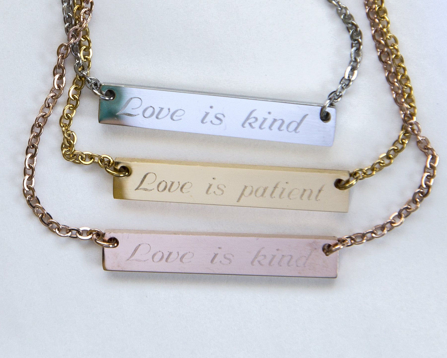 Love is Patient Love is Kind Necklace 1 Corinthians 13 Verse Bar