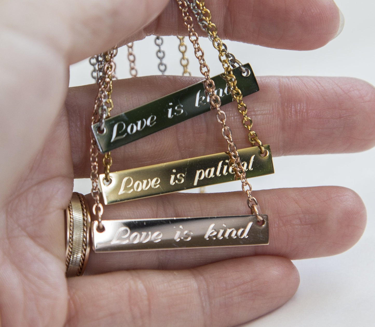 Love is Patient Love is Kind Necklace 1 Corinthians 13 Verse Bar