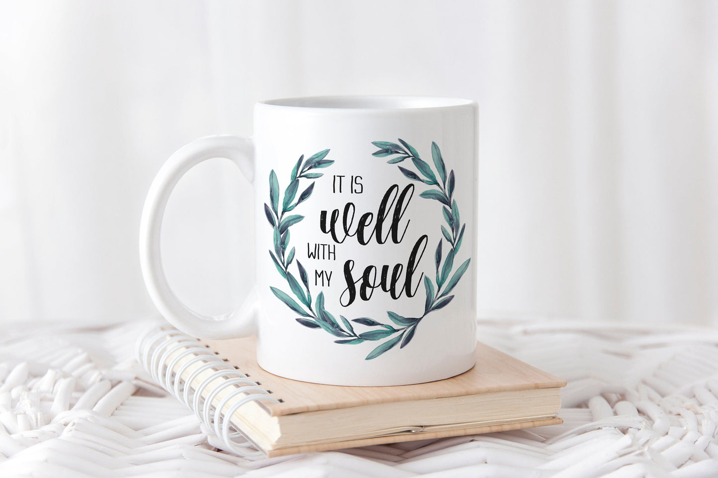 It Is Well with My Soul Coffee Mug, Blue Wreath mug, Inspirational