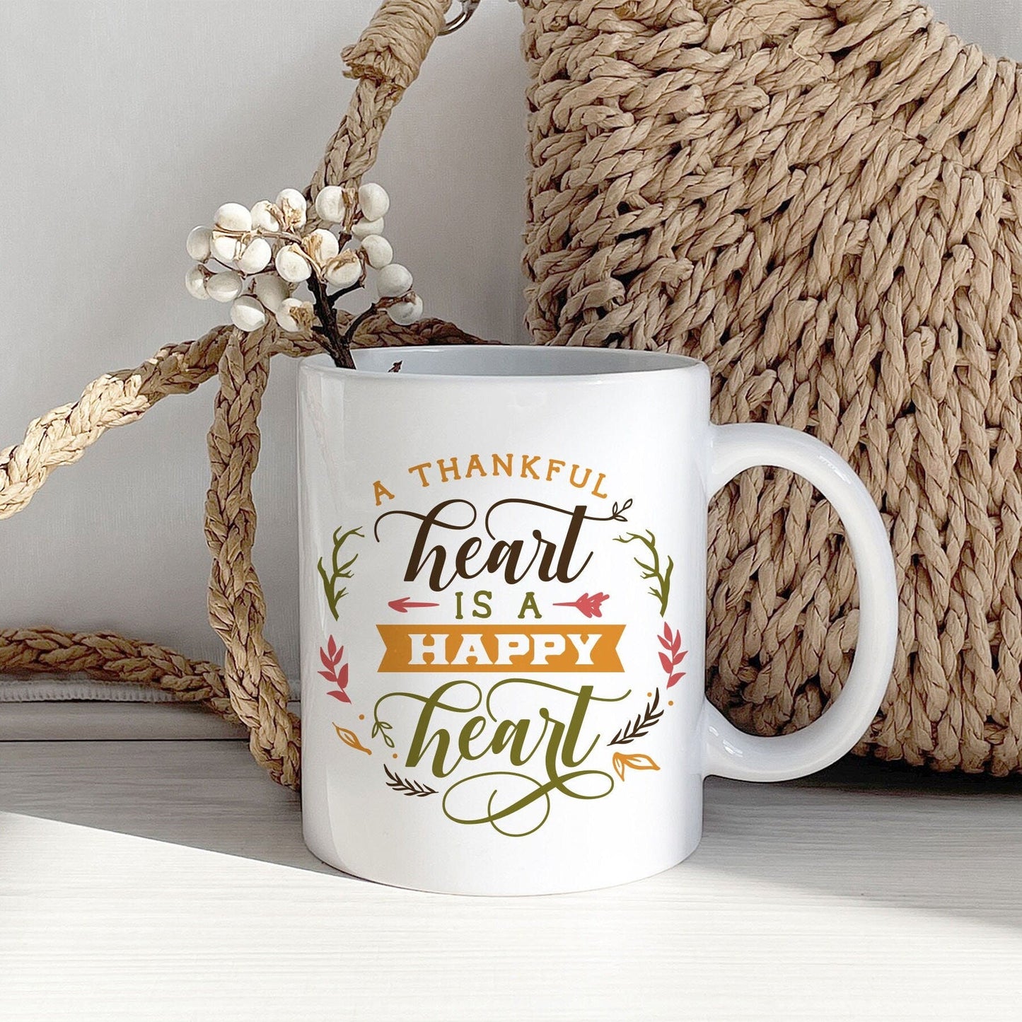 Thanksgivine Mug A Thankful Heart is Happy Heart Mug, Autumn Decor,