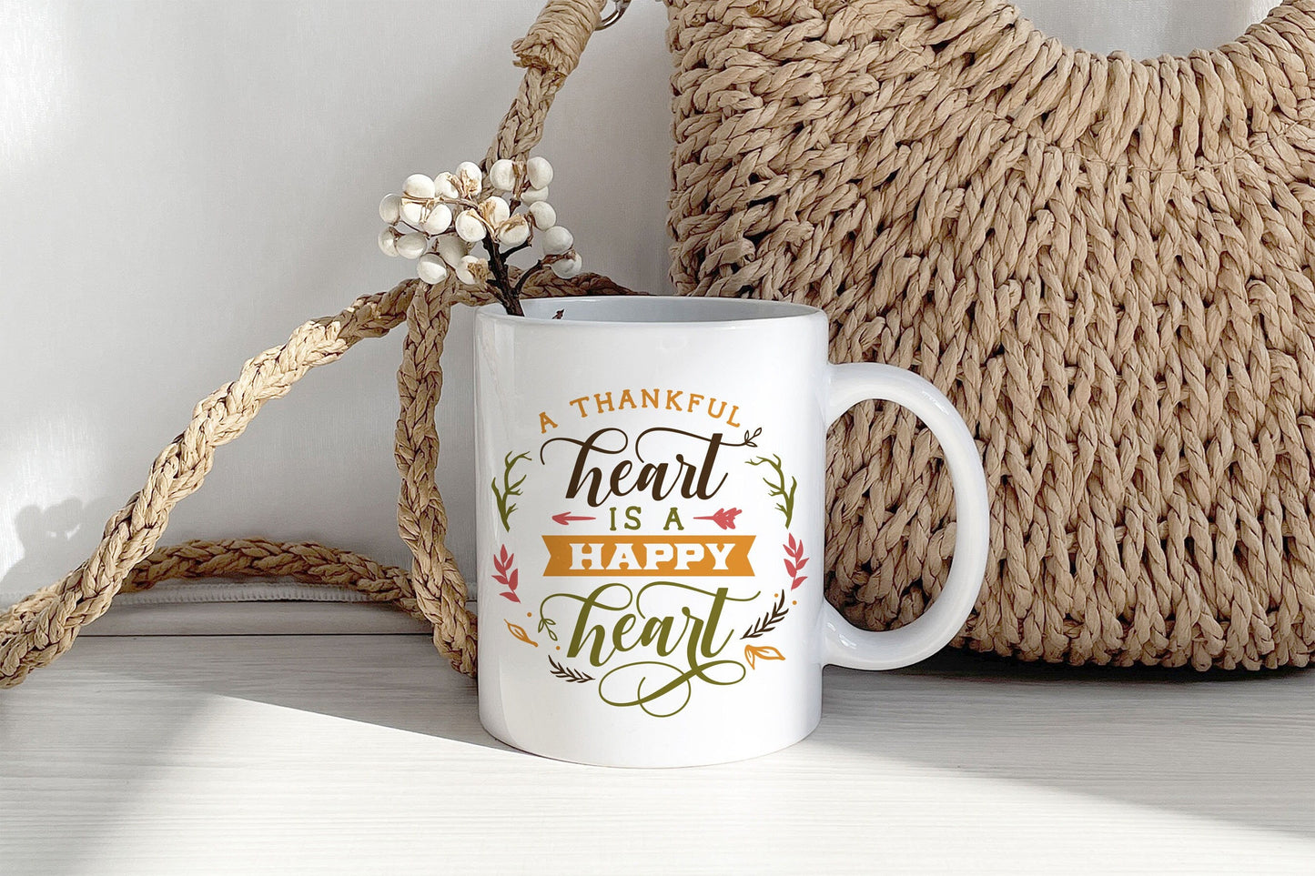 Thanksgivine Mug A Thankful Heart is Happy Heart Mug, Autumn Decor,