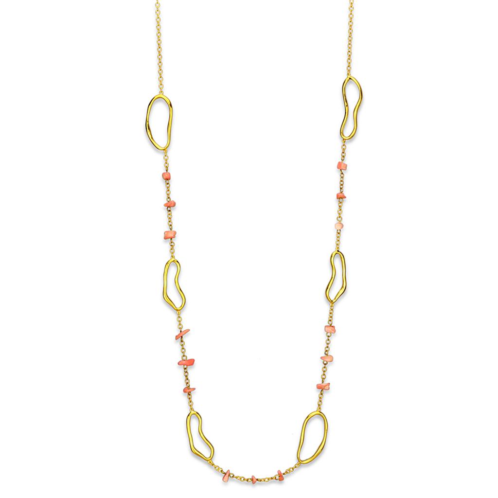 Gold Brass Necklace with Semi-Precious Coral in Rose